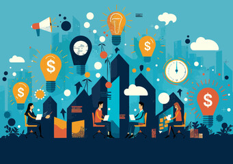 Obraz premium Team Strategy and Growth Concept Illustration: Business Collaboration, Innovation, and Financial Success in a Minimalistic Style, Featuring Office Workers, Light Bulbs, and Dollar Signs