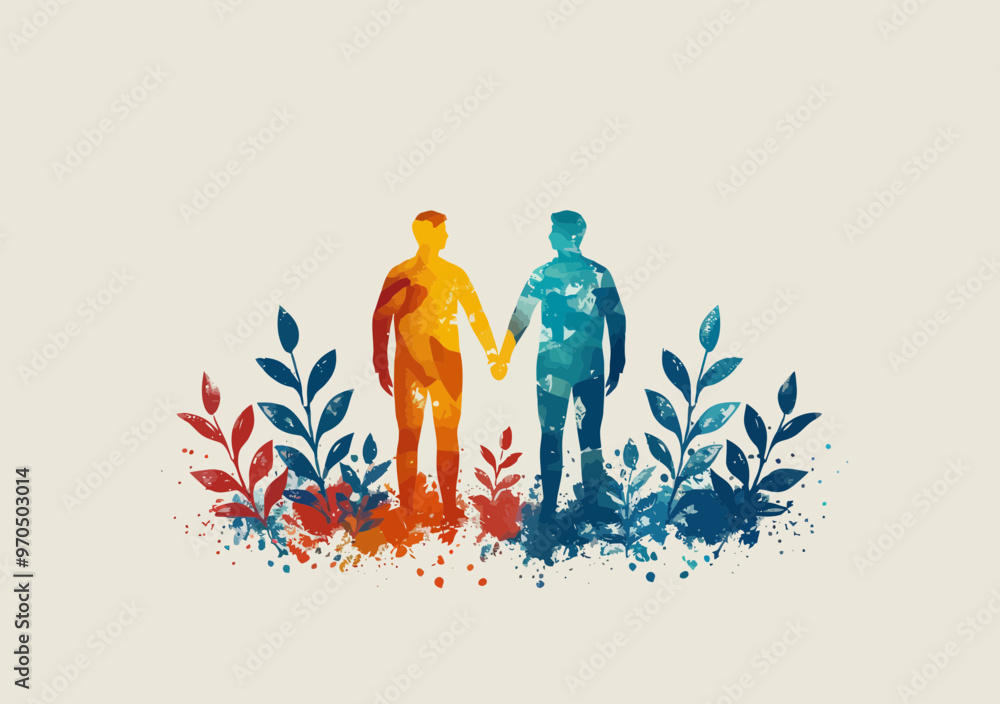 Aufkleber minimalistic business collaboration concept - two figures holding hands in unity surrounded by abstr
