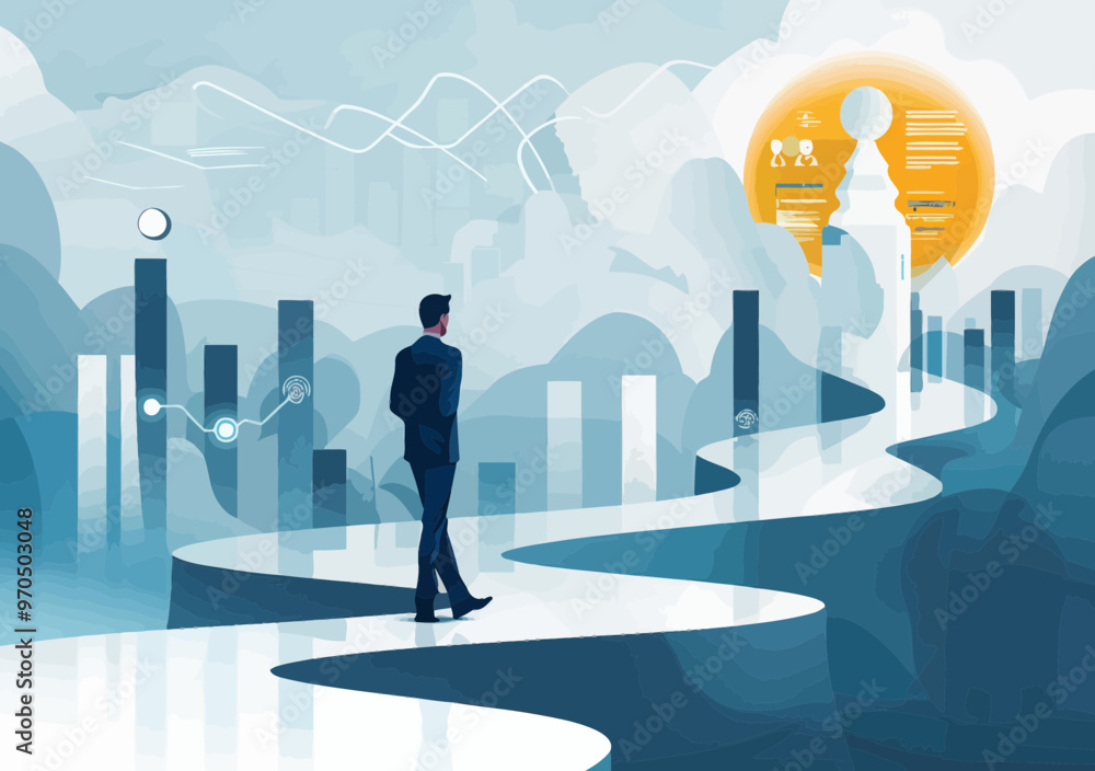 Poster businessman planning strategy with data analytics charts and graphs on curved path in futuristic abs