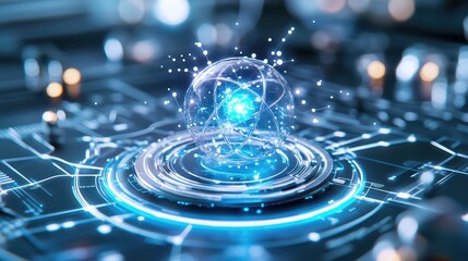 A glowing atom model creating a vibrant energy sphere in a futuristic technology environment, showcasing innovation and science.