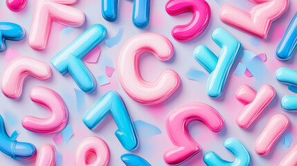 Fototapeta premium A cheerful pattern with pink and blue 3D letters. The letters have colorful gradients and stand out against a white background. This design is perfect for business cards or websites.