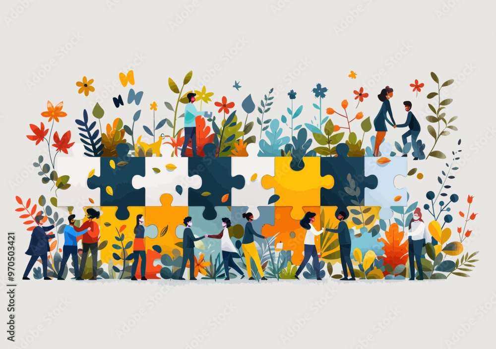 Poster collaborative teamwork concept: diverse people holding puzzle pieces and building common path in abs