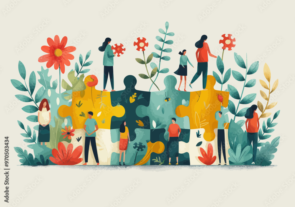 Poster teamwork and problem solving concept with people assembling giant puzzle pieces in nature-themed set
