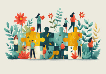 Obraz premium Teamwork and Problem Solving Concept with People Assembling Giant Puzzle Pieces in Nature-Themed Setting, Collaborative Effort, Human Resources, Vector Illustration