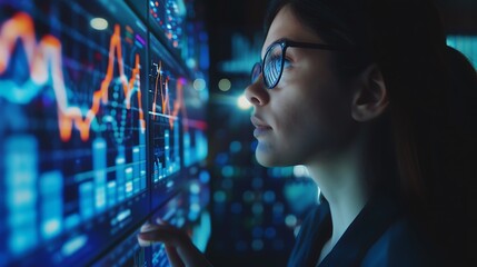 Businesswoman Studying Financial Trends on Screen, Business Theme, Portrait Shot, Copy Space, Financial Trends, Screen
