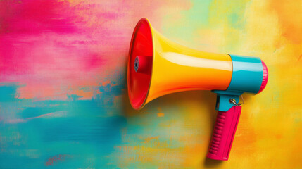Colorful Megaphone Levitating Against Vibrant Pink and Blue Background