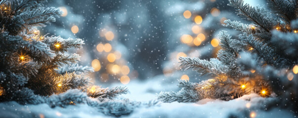 Frosted Evergreen Branches with Warm Fairy Lights