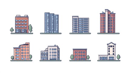 Collection of  Illustrated Buildings with Various Architectural Styles