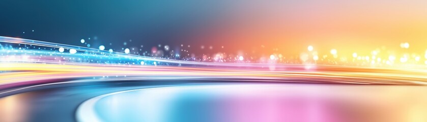 Abstract light background featuring city road lights and motion trails from night traffic on a highway, capturing the dynamic energy and movement of urban life with illuminated highways and motion blu