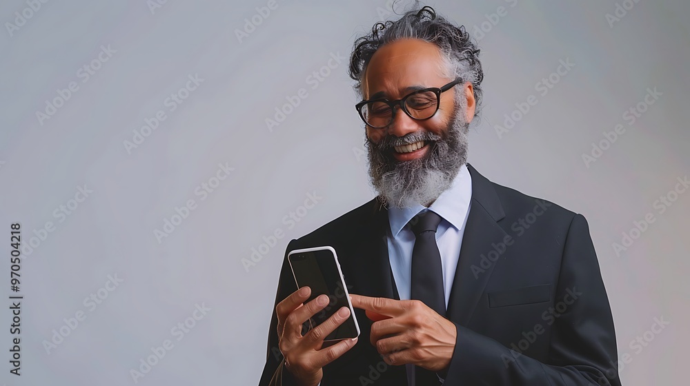 Poster businessman using phone for digital marketing in a plain background with copy space