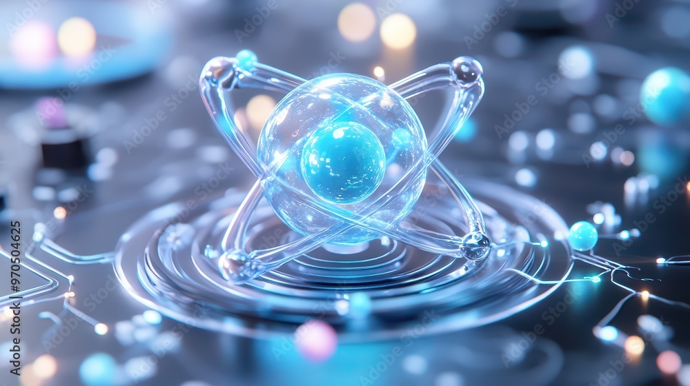 Poster a stunning depiction of an atomic structure with glowing particles, perfect for illustrating concept