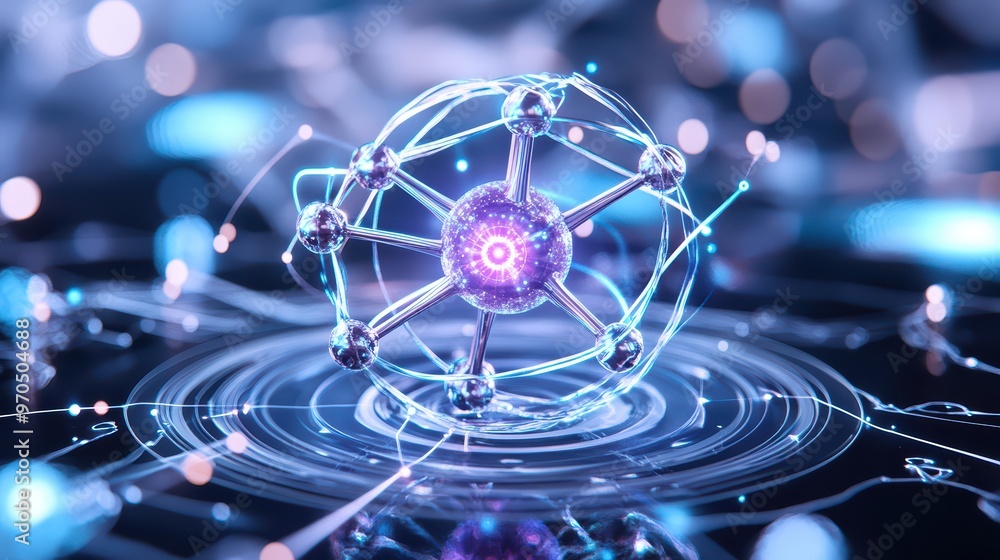Poster a stunning digital rendering of an atom with glowing particles, showcasing the beauty of science and