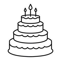 Tiered birthday cake with candles line icon. Kid coloring page
