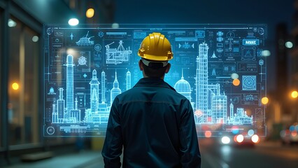 Industrial Professional Examines Holographic Engineering Display in High-Tech Setting