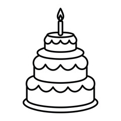 Tiered birthday cake with candles line icon. Kid coloring page