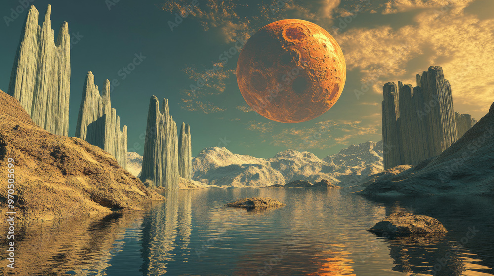 Poster a complete, seamless 3d image that looks like a science fiction scene, created using computer graphi