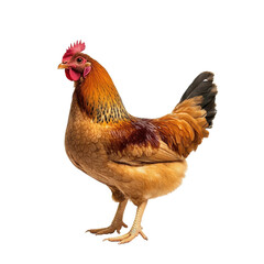 Brown hen standing on white background.