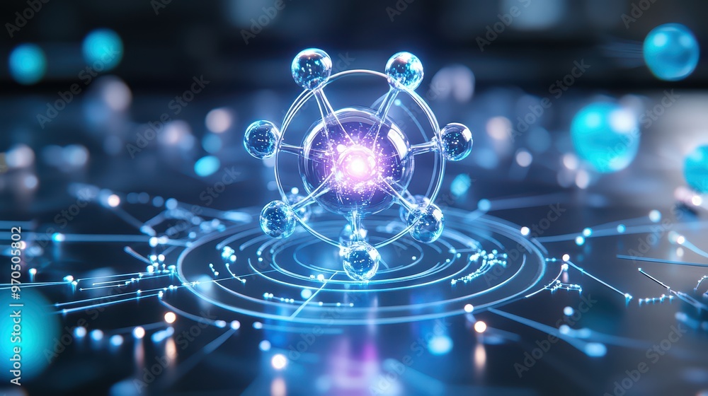 Poster a vibrant 3d illustration of an atomic structure with glowing particles, symbolizing advanced techno