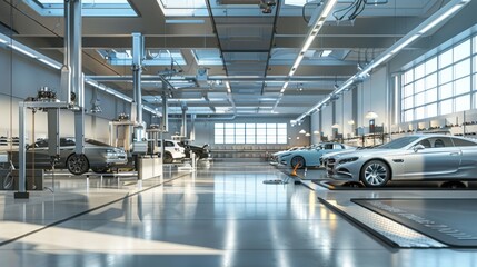 A modern,&nbsp;well&nbsp;-&nbsp;lit car service garage with multiple cars on lifts,&nbsp;showing a spacious and efficient workspace