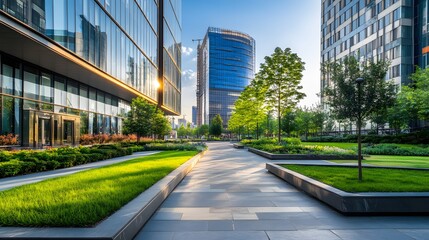 Fototapeta premium Modern Office Buildings with Greenery and Stone Pathway