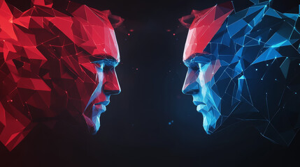 A cool design for an esports tournament. It shows two teams, red and blue, going head-to-head in a digital world. The style is modern and uses low-polygon shapes.