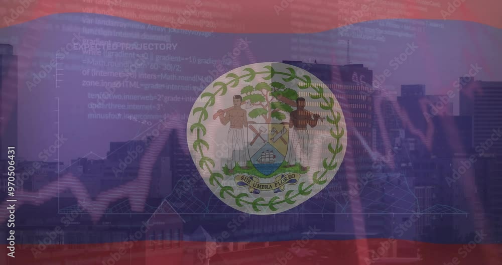 Poster animation of flag of belize with data processing over cityscape