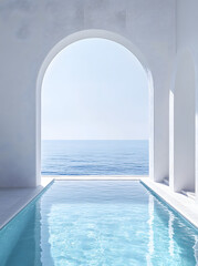 Fototapeta premium Swimming pool overlooking a beautiful white walls arch with a sea view and clear blue sky.