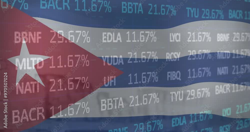 Poster animation of financial data processing over flag of cuba
