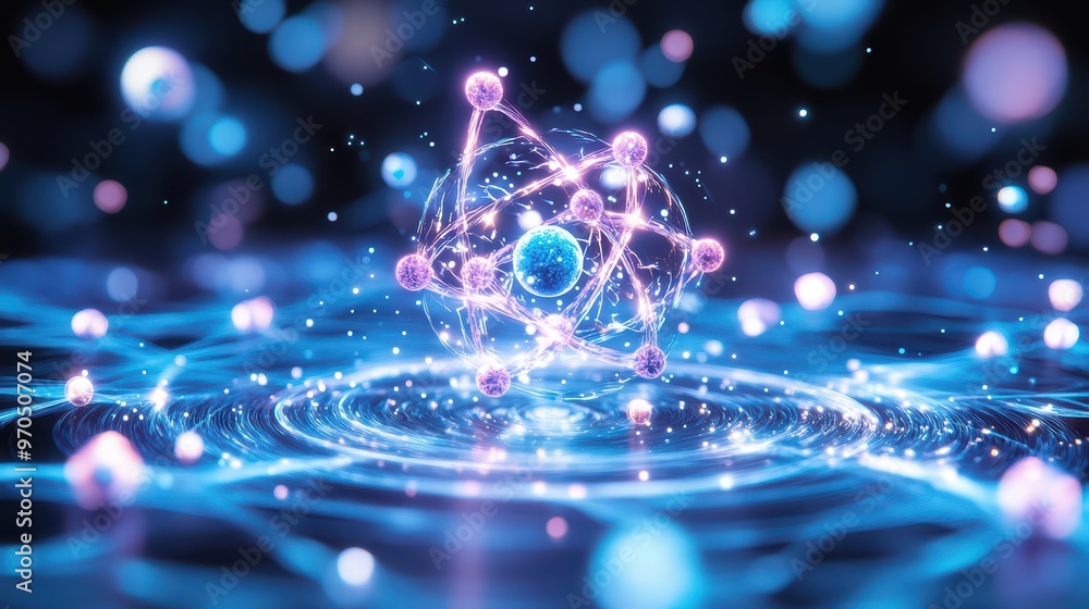 Poster a vibrant depiction of an atom in a dynamic state, showcasing energy and movement with glowing parti