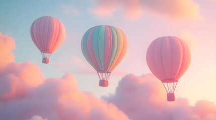 Naklejka premium Three pastel colored hot air balloons in a light blue sky with light pink clouds. Travel with style concept. 