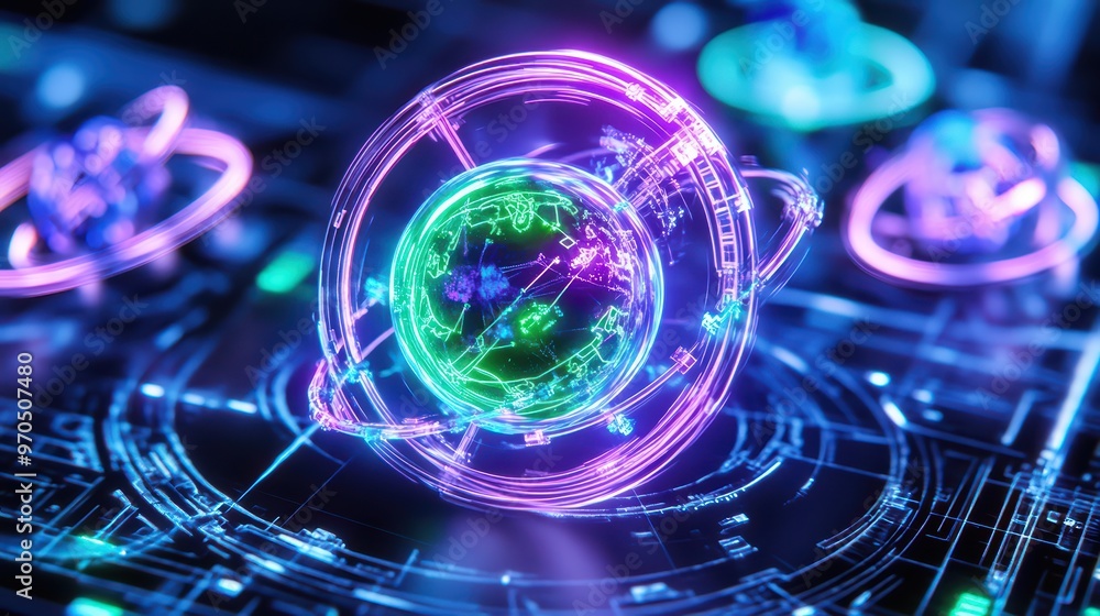 Poster a vibrant digital rendering of an atom with colorful orbits, representing science, technology, and i