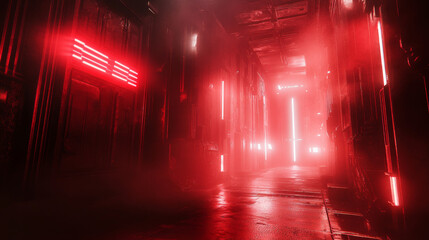 A detailed 3D image of a dark, futuristic world with bright laser lights and a red gate. It's perfect for virtual reality experiences.