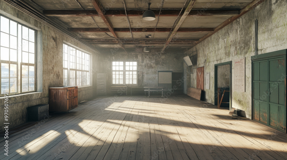Poster a detailed 3d image of an old, empty studio with no visible edges. it's designed for virtual reality