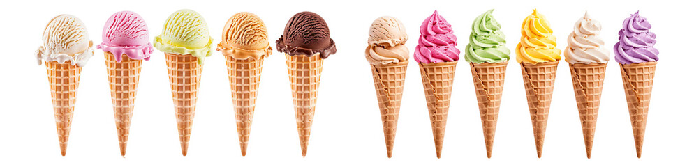 Assorted ice cream waffle cones in a row with different flavors, isolated on transparent background