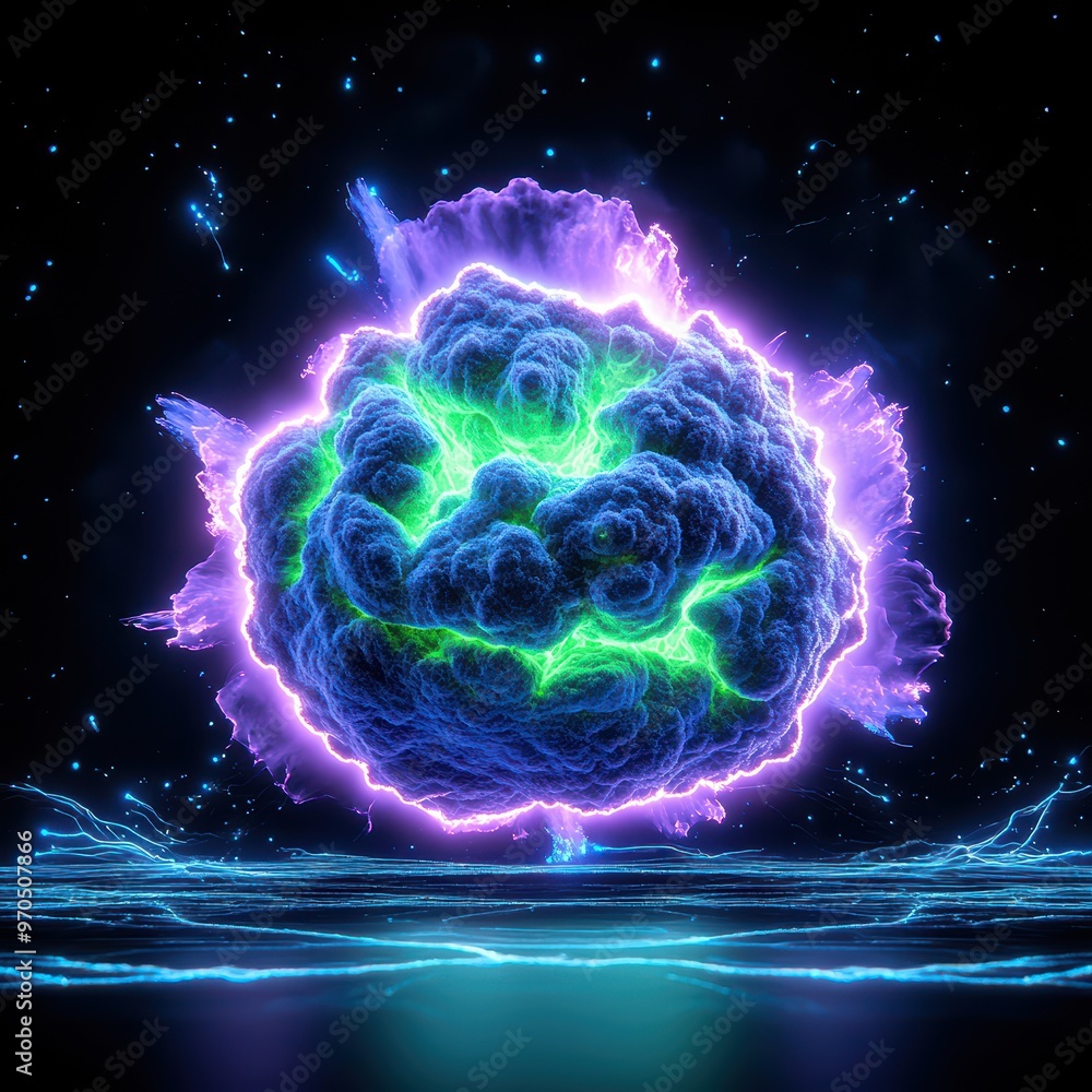 Poster a vibrant explosion with colorful clouds and electric energy, creating a stunning visual display aga