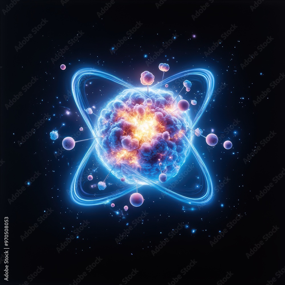 Aufkleber a vibrant illustration of an atom showcasing particles in dynamic motion, representing the essence o