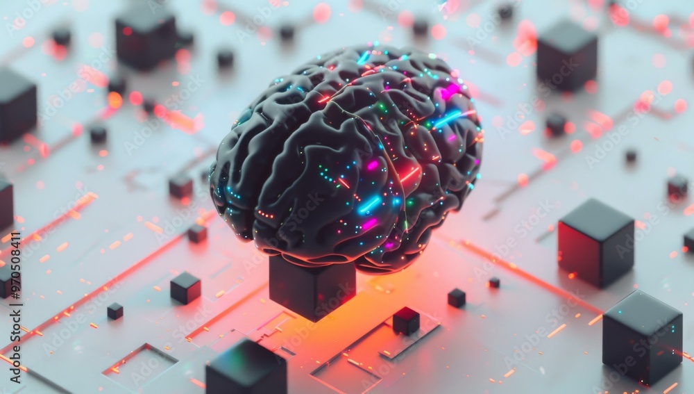 Poster a 3d model of a brain surrounded by cubes. ai.