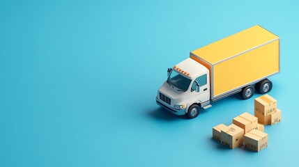 A yellow delivery truck with cardboard boxes on a blue background, symbolizing logistics, transportation, and shipping services.
