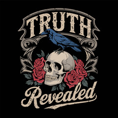 Vintage Skull and Crow with Roses Vector Illustration