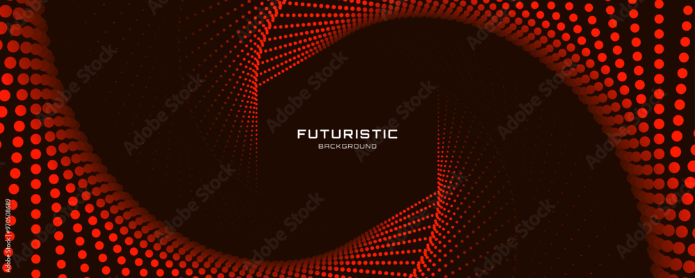 Poster 3d red circles techno background. big data visualization on dark space with dotted lines shape effec