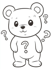 Obraz na płótnie Canvas Cute bear with question marks, simple line art coloring page for kids, kawaii style, no shading, white background