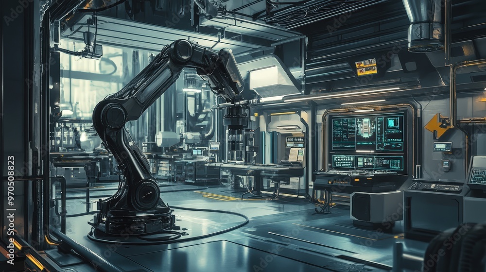 Poster create an image of a high-tech industrial plant with advanced robotics and automated systems.