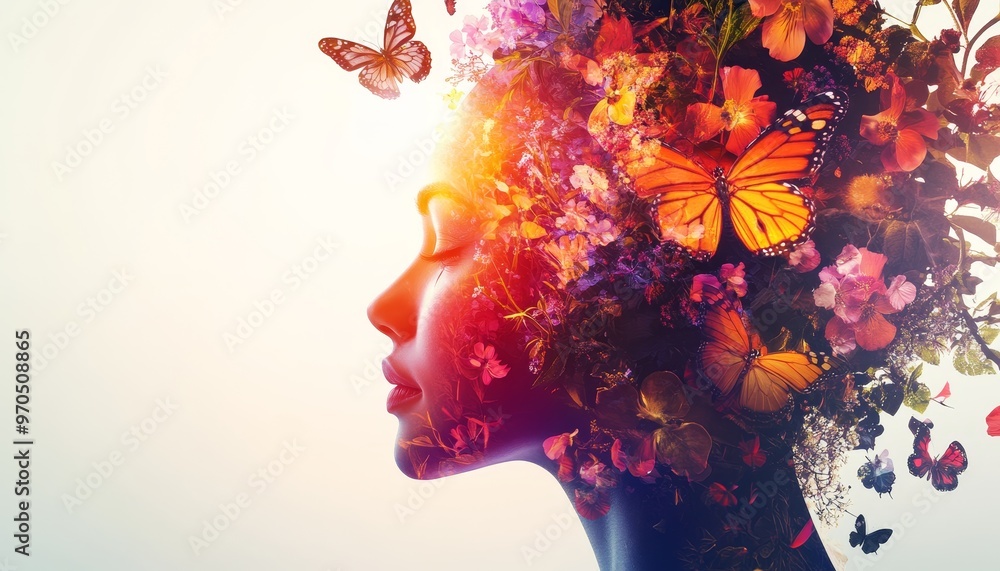 Wall mural vibrant illustration of a woman s profile adorned with flowers and butterflies, symbolizing beauty