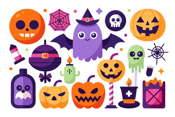 A Halloween icon set featuring spooky symbols like pumpkins, ghosts, bats, witches, and haunted houses, ideal for Halloween-themed designs, invitations, party decorations, and seasonal promotions.