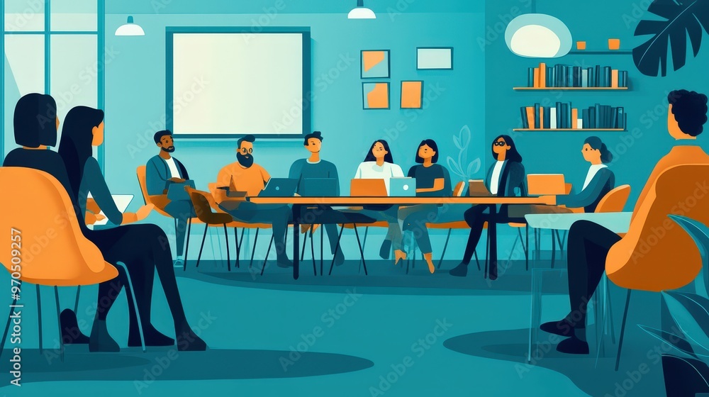 Poster create an image of a meeting room in use.