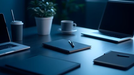 Minimalist office workspace with laptop computer,writing pad,and essential stationery items on a modern dark-colored desk or table. The clean and organized setup conveys productivity,efficiency.