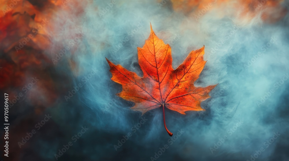 Poster create an image of a maple leaf with a background of autumn mist