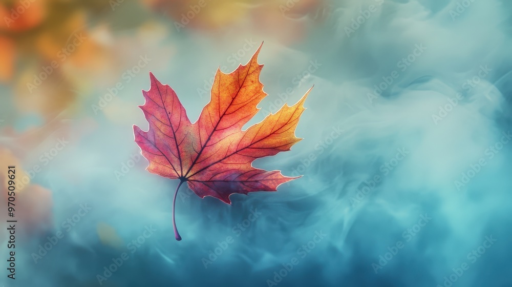 Poster create an image of a maple leaf with a background of autumn mist