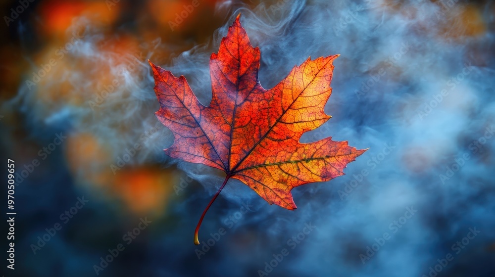 Poster create an image of a maple leaf with a background of autumn mist