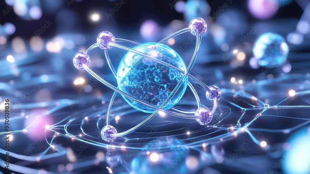 Poster abstract representation of an atom with glowing particles, illustrating concepts of chemistry and qu
